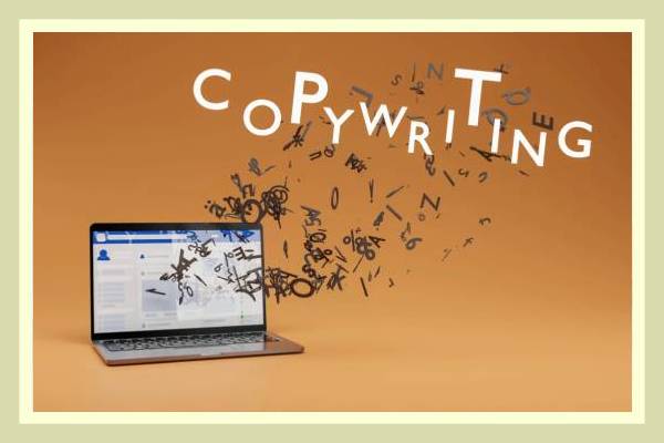 Laptop with flying letters spelling out 'COPYWRITING' on an orange background.