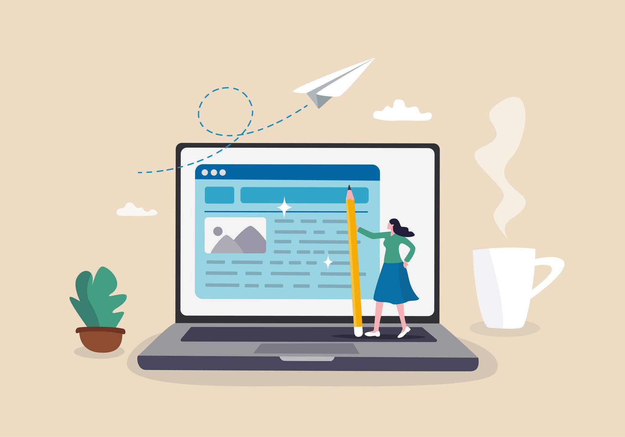 Content writer, blogger or bullet journal, publishing editor or writing article online, copywriter for advertising, freelance journalist concept, creative woman holding pencil with content on website.