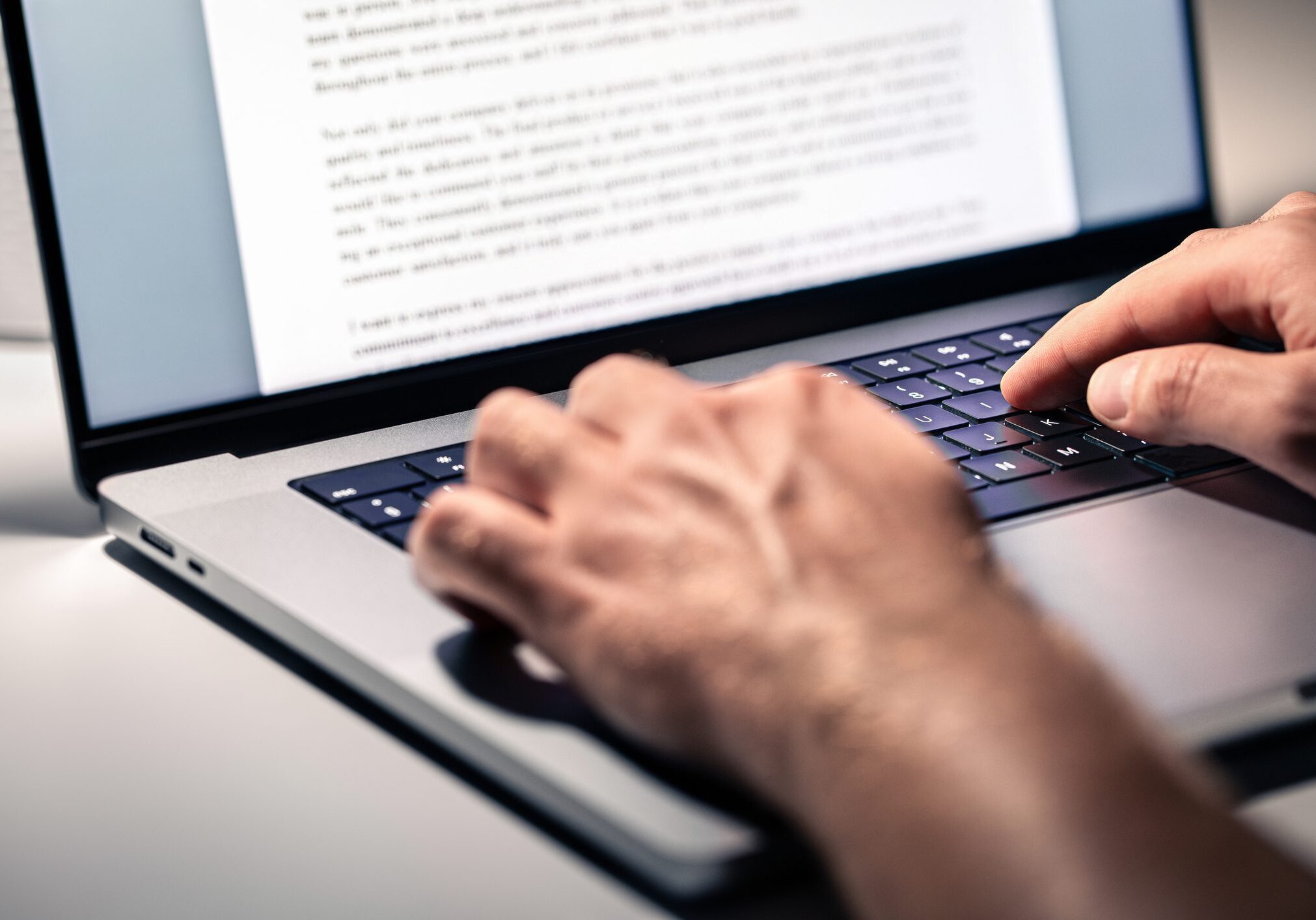 Writing text document, online content, book, letter or essay. Writer, journalist or freelance columnist with laptop. Resume, news article, report or college application. Freelancer, editor or employee